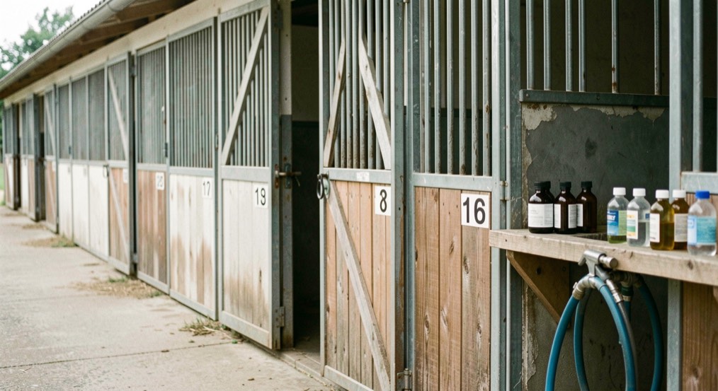 Row of numbered stallion boxes in a breeding barn with a swing door and a wash bay with a hose and bottles lined up on a shelf