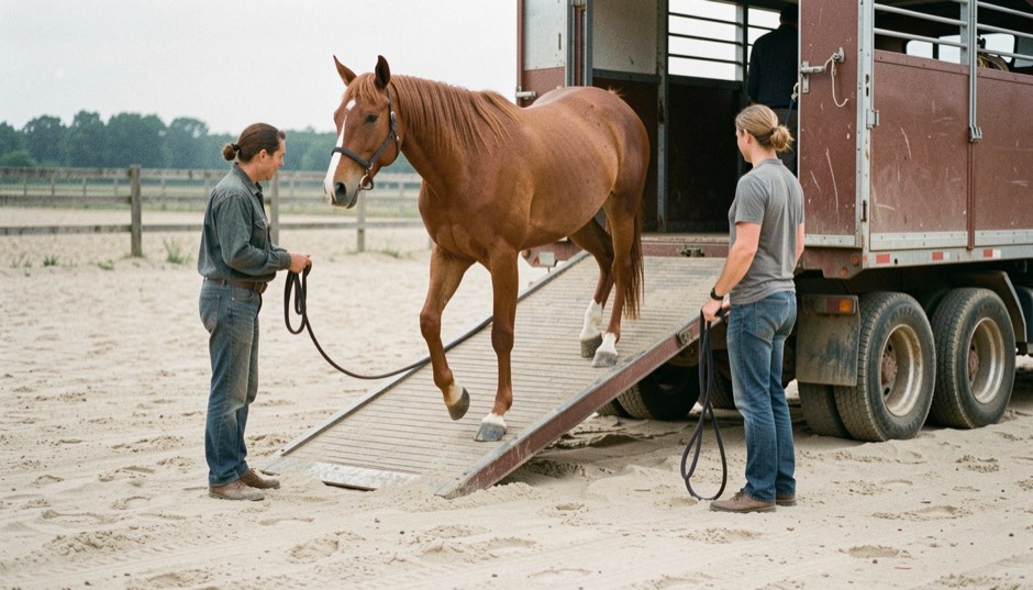 Chestnut horse walking up the lowered ramp of a horse lorry in a sand yard while a handler holds the lead rope low and a second handler waits beside the ramp