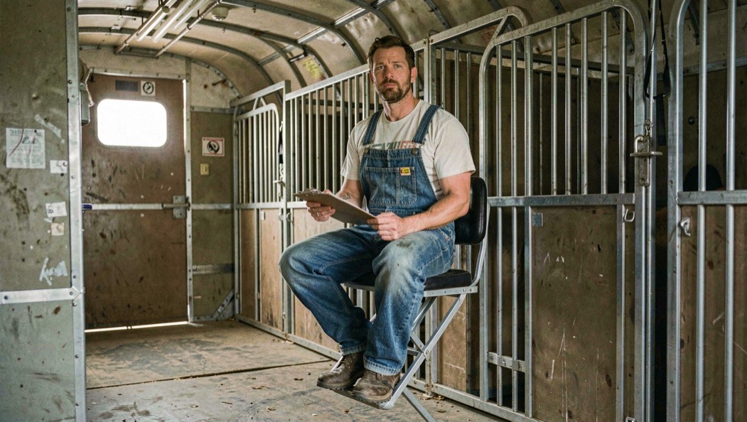Groom in overalls seated on a fold down jump seat next to a closed metal horse stall inside the bare cargo hold of a freighter, clipboard resting on one knee