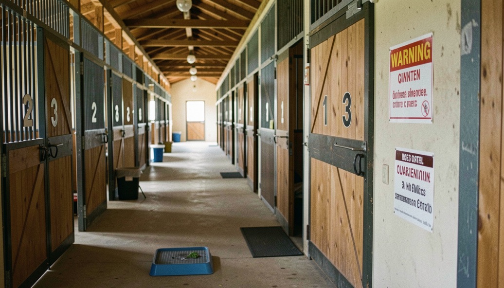Long quarantine barn corridor with numbered stable doors, a disinfection footbath at the entrance and warning signage on the wall