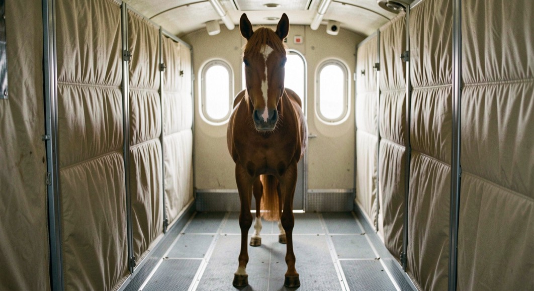 Alert bay horse standing squarely on all four legs inside an aircraft stall, ears forward, with padded partition walls visible on both sides